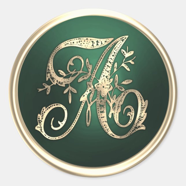 Pegatina Redonda All Initials Gold Monogram Emerald Green (Anverso)