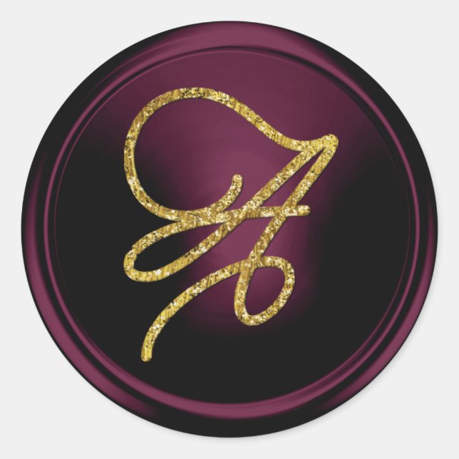Pegatina Redonda ALL INITIALS Gold Script Monogram Dark Plum (Anverso)