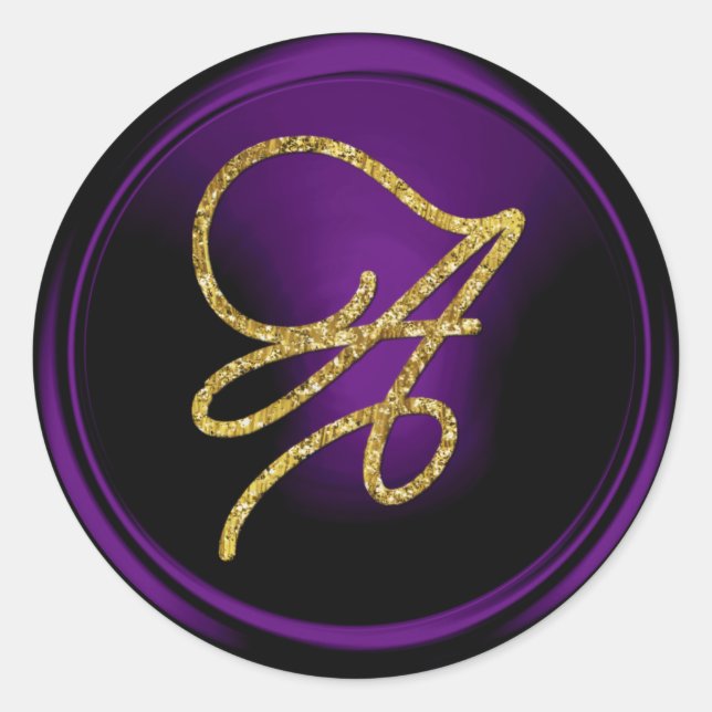 Pegatina Redonda ALL INITIALS Gold Script Monogram Dark Purple (Anverso)