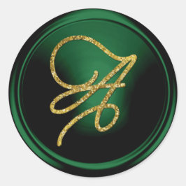 Pegatina Redonda ALL INITIALS Gold Script Monogram Emerald Green