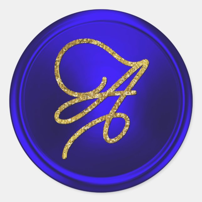 Pegatina Redonda ALL INITIALS Gold Script Monogram Royal Blue (Anverso)