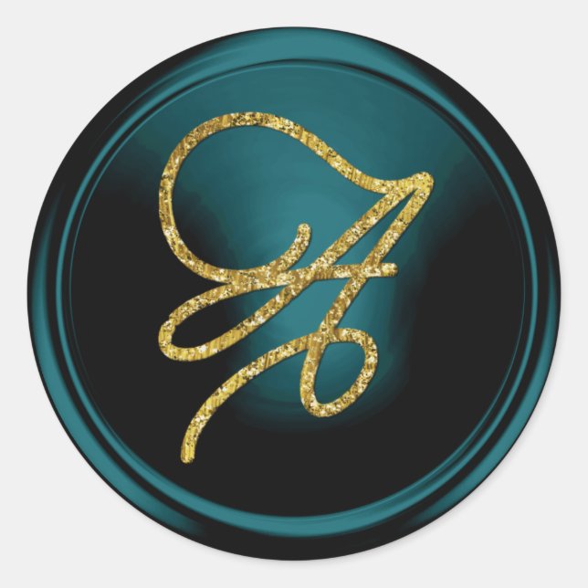 Pegatina Redonda ALL INITIALS Gold Script Monogram Teal Blue (Anverso)