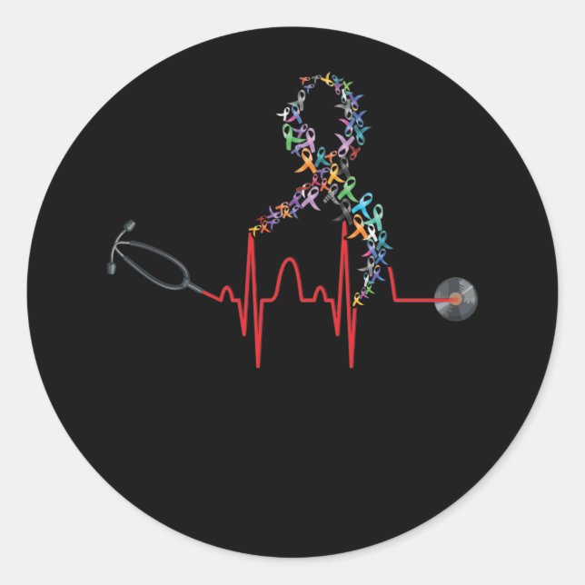 Pegatina Redonda All Ribbon Cancer Awareness Day Heartbeat (Anverso)