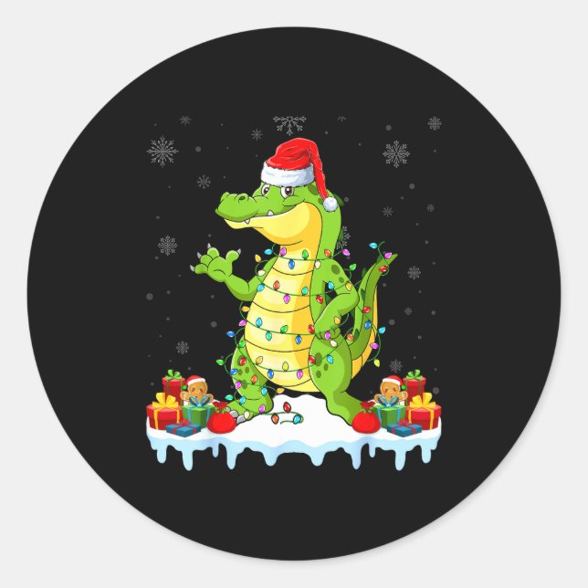 Pegatina Redonda Alligator Wearing Xmas Lights Santa Hat Alligator  (Anverso)