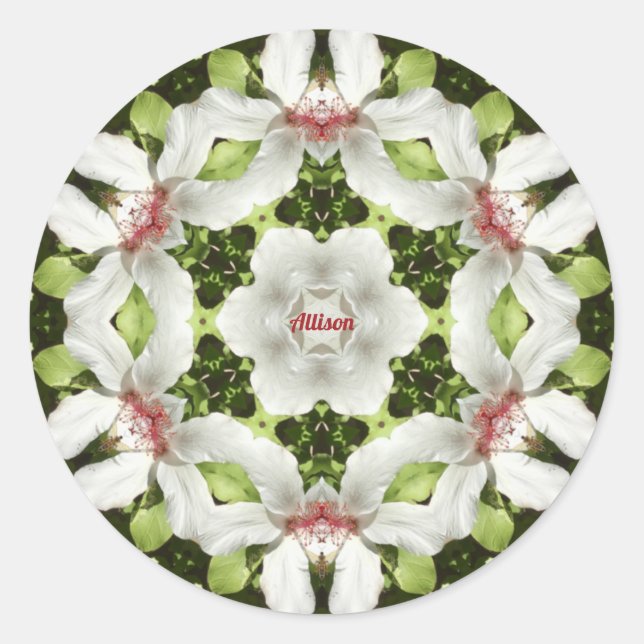 PEGATINA REDONDA ALLISON ~ RELIGIOSO BLANCO ORIENTAL HIBISCO ~ (Anverso)