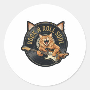 Pegatina Redonda Alma de Rock N Roll Gato Vintage Guitarrista