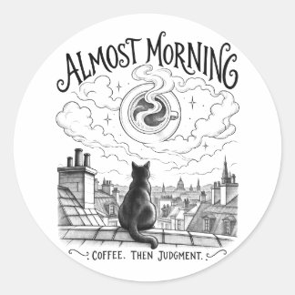 Pegatina Redonda Almost Morning Black Cat Coffee Rooftop Art