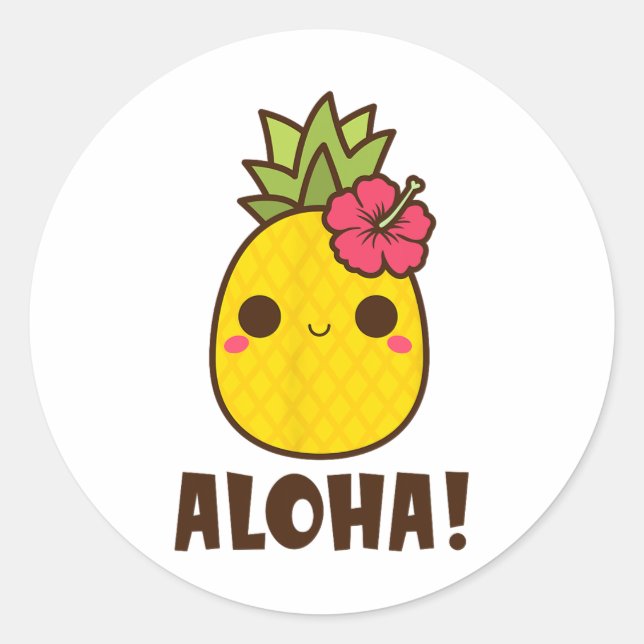 Pegatina Redonda Aloha Beach Kawaii Cute Pineapple Hawaii Hawaiia (Anverso)