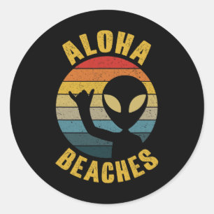 Pegatina Redonda Aloha Bebida Graciosa Retro Hawaii Shaka Alien Haw