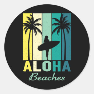 Pegatina Redonda Aloha Bebida Surfista Chica Hawaii Vintage Hawaii