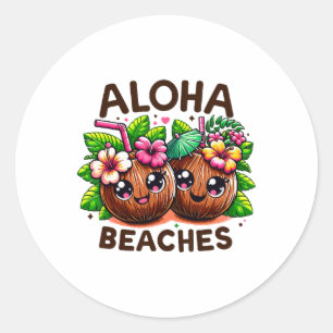 Pegatina Redonda Aloha Bebidas Graciosas Fiesta De Verano Cute Coco