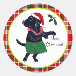 Pegatina Redonda Aloha Black Labrador Navidades Santa Hat Tartan