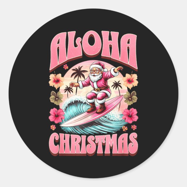Pegatina Redonda Aloha Christmas Santa Claus Surfing Hawaiian Mele  (Anverso)