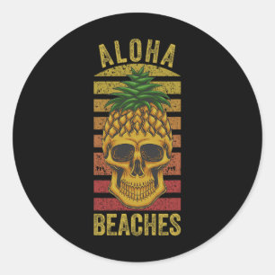 Pegatina Redonda Aloha de Piña Hawaiana Skull Playas Funny Hawai