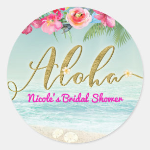Pegatina Redonda ALOHA Gold Playa Tropical Hibiscus Flores Floral