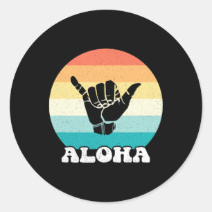 Pegatina Redonda Aloha Hawái Isla Hawaiana Señal de Mano Shaka Retr