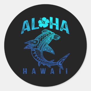 Pegatina Redonda Aloha Hawái Tril Tiburón Polinesio Hawái Playa 