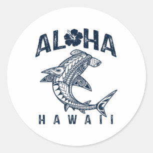 Pegatina Redonda Aloha Hawái Tril Tiburón Polinesio Playa Hawaiana