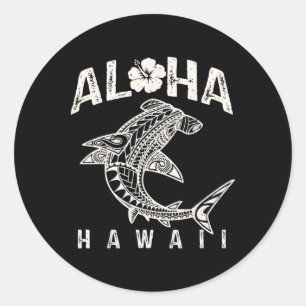 Pegatina Redonda Aloha Hawái Tril Tiburón Polinesio Playa Hawaiana 