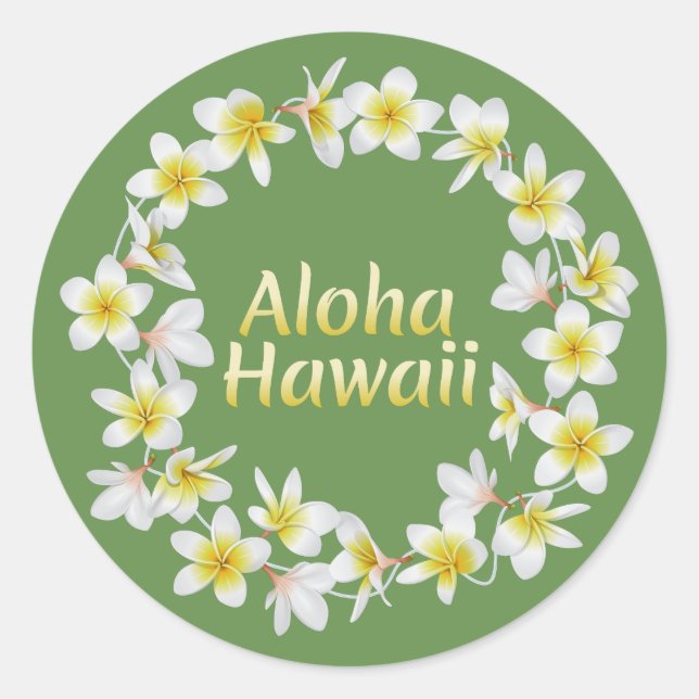 Pegatina Redonda Aloha Hawaii. Collar tradicional de la isla hawaia (Anverso)