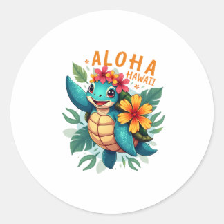 Pegatina Redonda Aloha Hawaii-Shirt Mujeres Chicas de tortugas mari