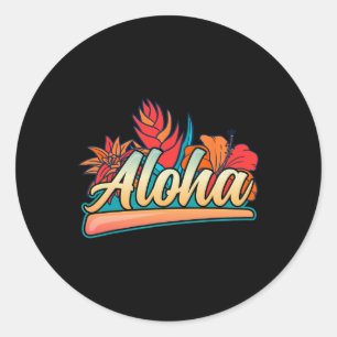 Pegatina Redonda Aloha Hawaii Vacaciones Surf Playa Tropical Hibisc