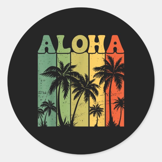 Pegatina Redonda Aloha Hawaiian Island Palm Trees Surfboard Beach H (Anverso)