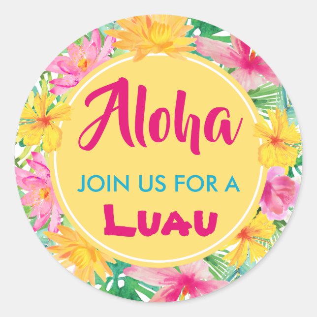 Pegatina Redonda Aloha Luau Hibisco Tropical Amarillo (Anverso)