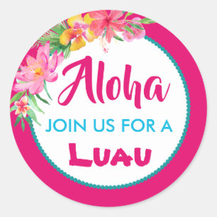 Pegatina Redonda Aloha Luau Pink Tropical Hibiscus