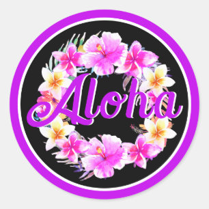 Pegatina Redonda Aloha Luau Tropical Cumpleaños Neon Morado