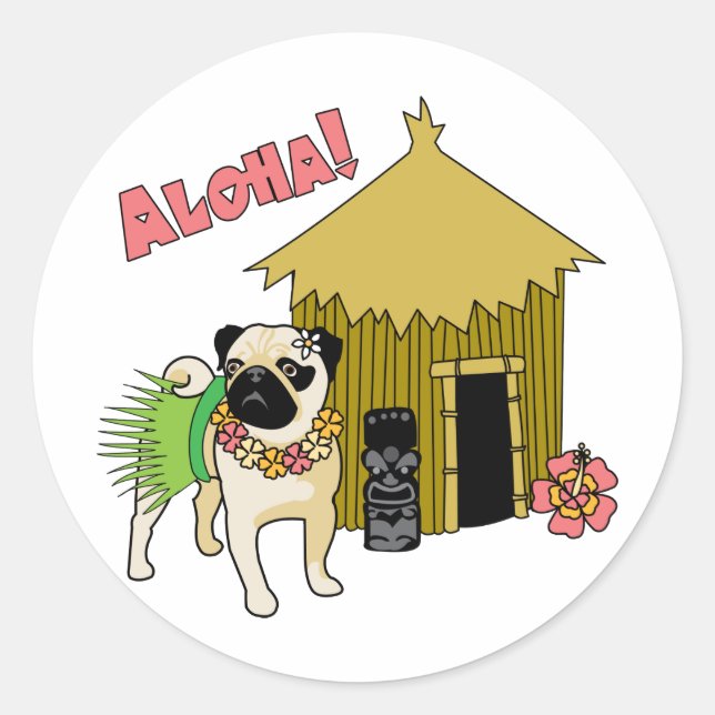 Pegatina Redonda ¡Aloha! Pegatinas de Pug de Hawái (Anverso)