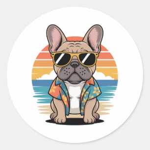 Pegatina Redonda Aloha Pup – Frio Bulldog Francés Ambiente de Playa