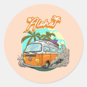 Pegatina Redonda Aloha Retro Surf Van