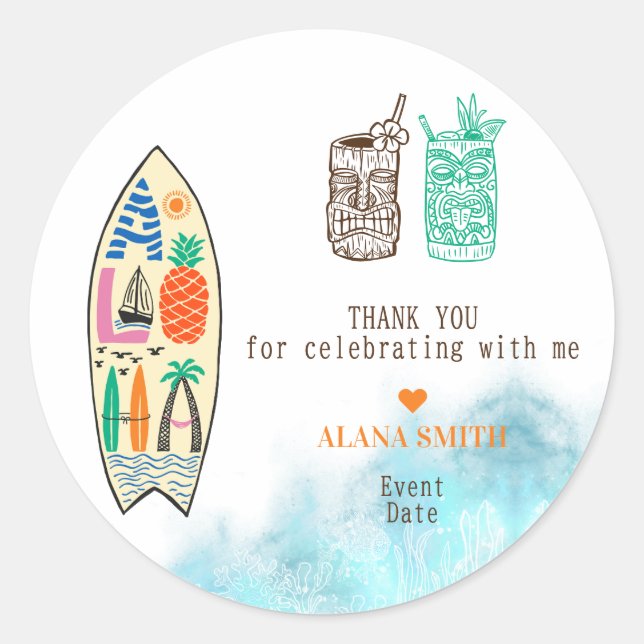 Pegatina Redonda Aloha TIKI Surfboard Fiesta Tropical Luau Hawaii (Anverso)
