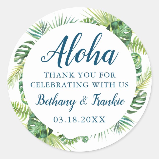 Pegatina Redonda Aloha Tropical Green Beach Wedding Gracias (Anverso)