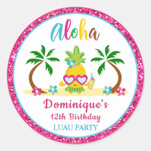 Pegatina Redonda Aloha Tropical Luau Birthday Party