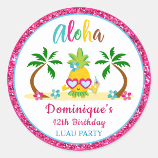 Pegatina Redonda Aloha Tropical Luau Birthday Party