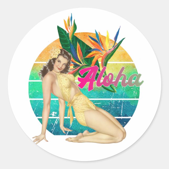 Pegatina Redonda Aloha Tropical Pin-up girl retro sunset art  (Anverso)