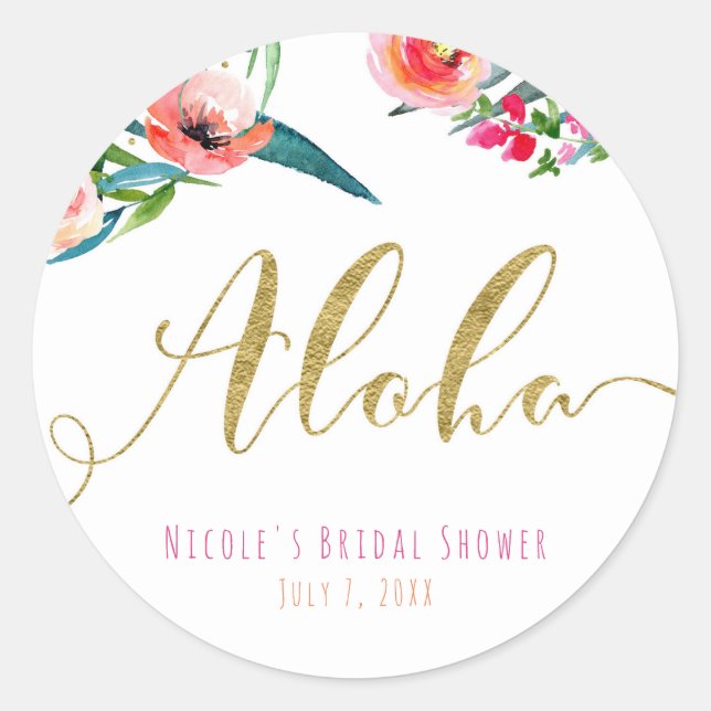 Pegatina Redonda Aloha Tropical Summer Floral Bridal Shower Favor (Anverso)