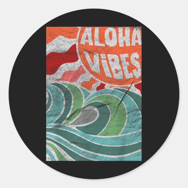Pegatina Redonda Aloha Vibes Hawaii Sunset Waves (Anverso)