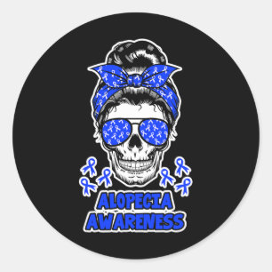 Pegatina Redonda Alopecia Conciencia Messy Bun Skull Cinta azul par