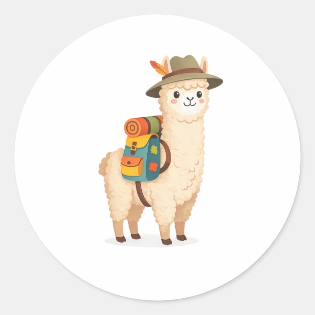 Pegatina Redonda Alpaca de Aventura (Anverso)