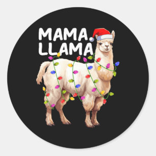 Pegatina Redonda Alpaca Llama Xmas Iluminando Santa Hat Mama Llama 