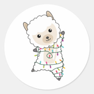 Pegatina Redonda Alpaca Merry Christmas Winter Animals Alpacas