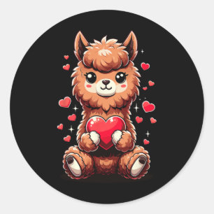 Pegatina Redonda Alpaca sosteniendo el corazón El día de San Valent