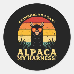 Pegatina Redonda Alpaca Subiendo Mi Arnés Retro Climber Llama Hombr