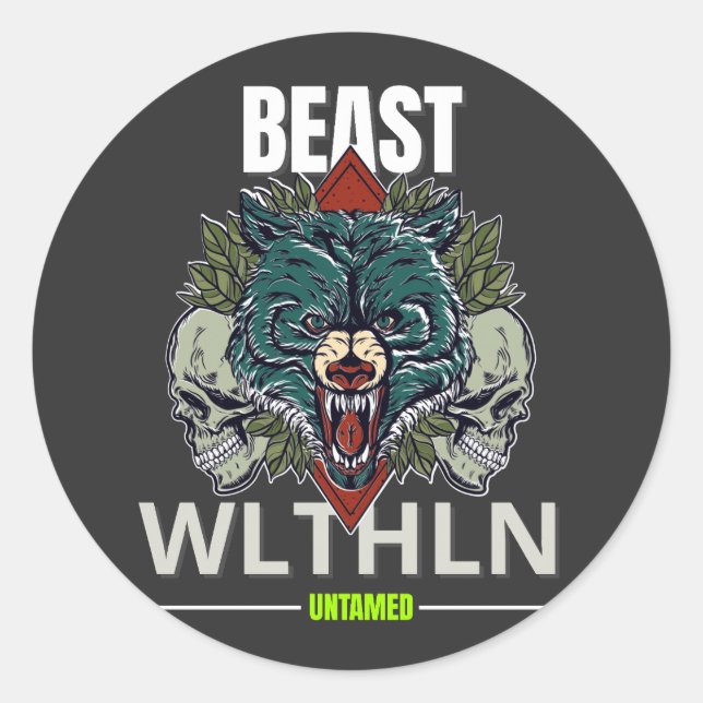 Pegatina Redonda Alpha Beast _ Untamed Wolf Streetwear Fearless  (Anverso)