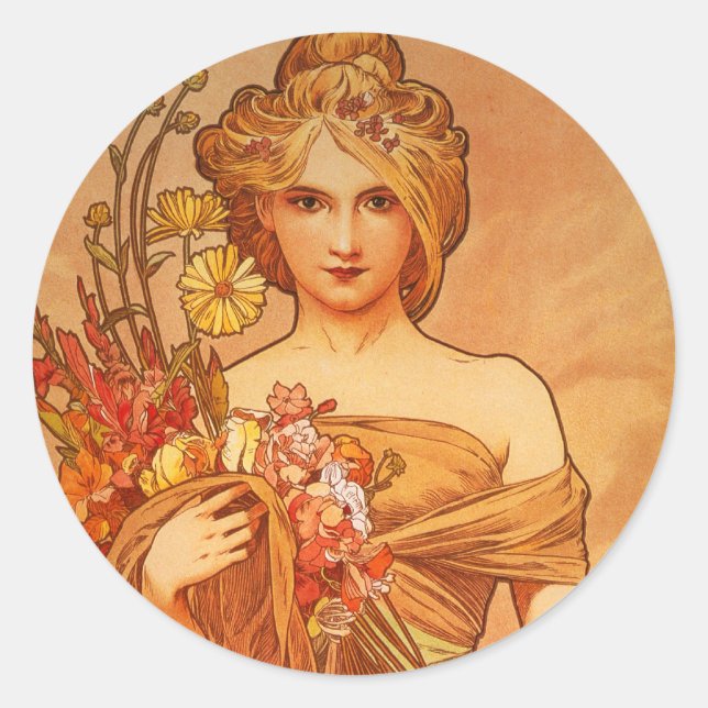 Pegatina Redonda Alphonse (Alfons) Mucha Bouquet (Anverso)