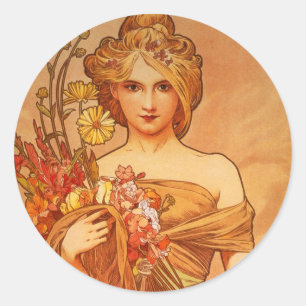 Pegatina Redonda Alphonse (Alfons) Mucha Bouquet