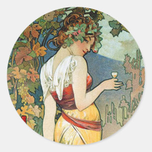 Pegatina Redonda Alphonse (Alfons) Mucha: Cognac - Art Nouveau